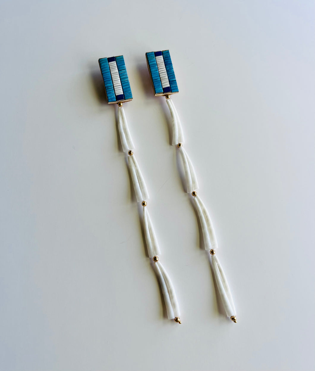Porcupine Quill Panel Dentalium Earrings + Blue Shells +